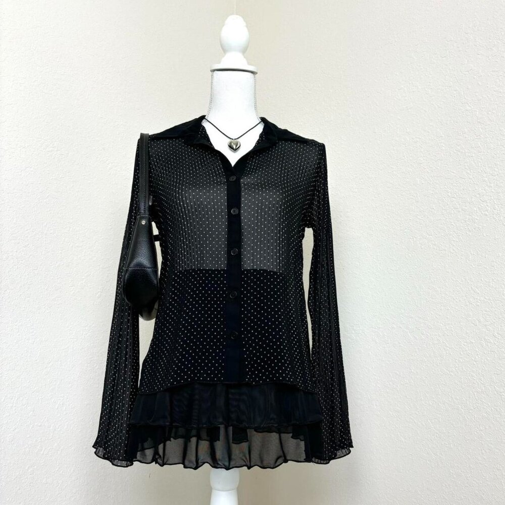 Vintage 2000s sheer black & light pink pleated button up collared top